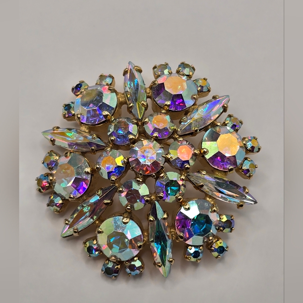 Vintage Sherman Aurora Borealis AB Swarovski Crystal Domed Brooch